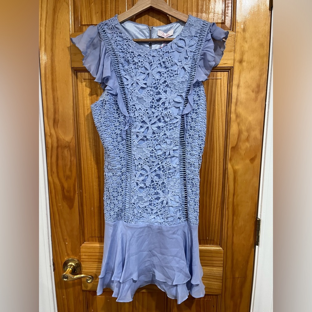 New with Tag Parker Women's Blue Bennett Ruffle Elegant Lace Ruffle Dress Size 6